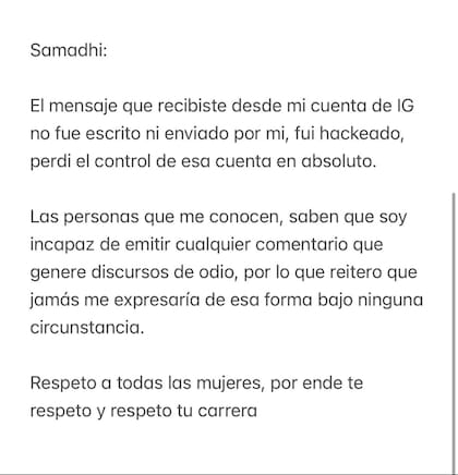 El mensaje que escribió Horacio Pancheri en respuesta al video de Samadhi Zendejas