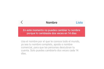 El mensaje que Instagram si intentamos cambiar el nombre más de dos veces en menos de 14 días