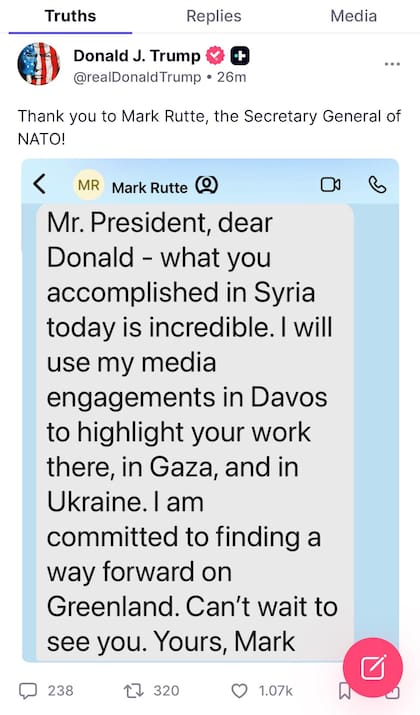 El mensaje que le envió Mark Rutte, secretario general de la OTAN, a Donald Trump, revelado por el presidente en su red Truth Social.
