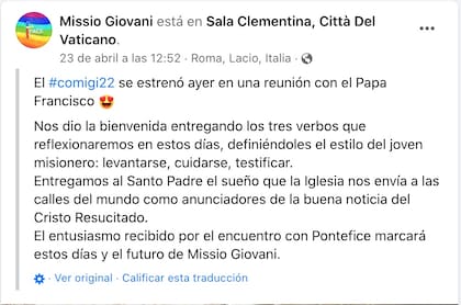 El mensaje que Missio Giovani, publicó en su página de Facebook.
