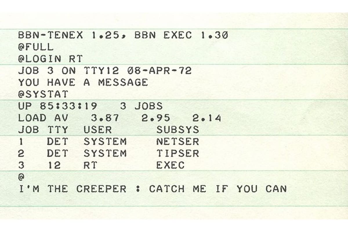 El mensaje que mostraba el virus Creeper en 1971; las computadoras en ese entonces usan papel impreso, y no pantallas, para comunicarse con el usuario