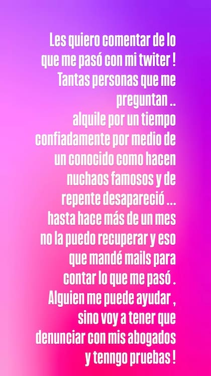 El mensaje que publicó Karina Jelinek tras perder su cuenta de X (Foto: Instagram @karijelinek)