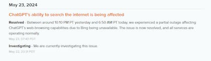 El mensaje que publicó OpenAI en la página que muestra el status de sus servicios: