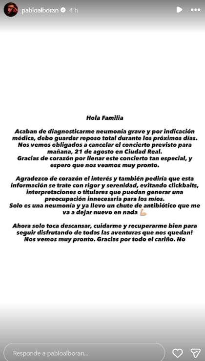 El mensaje que publicó Pablo Alborán y sorprendió a todos (Foto: Captura INstagram/@pabloalboran)