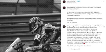 El mensaje que subió la escudería Broncos Racing para anunciar la triste noticia de la muerte de Luca