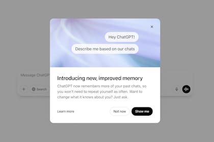 El mensaje que verán los usuarios de ChatGPT cuando tengan disponible la función que recuerda todas las conversaciones que tienen con la IA