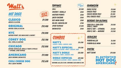 El menú completo que ofrece Matt's