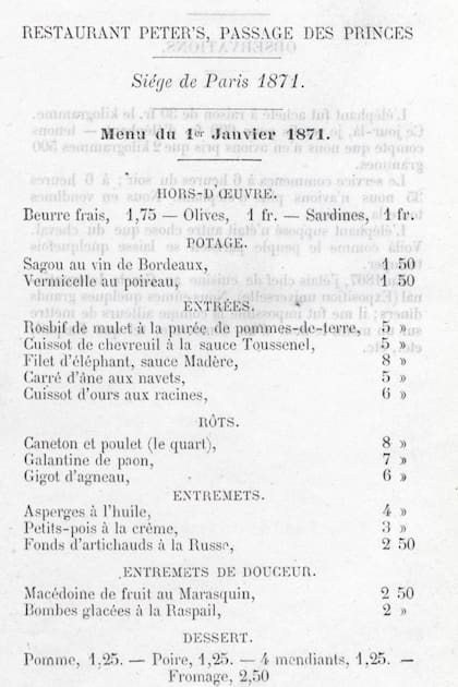 El menú de año nuevo de 1871 del restaurante Peter's, cerca de la Ópera de París