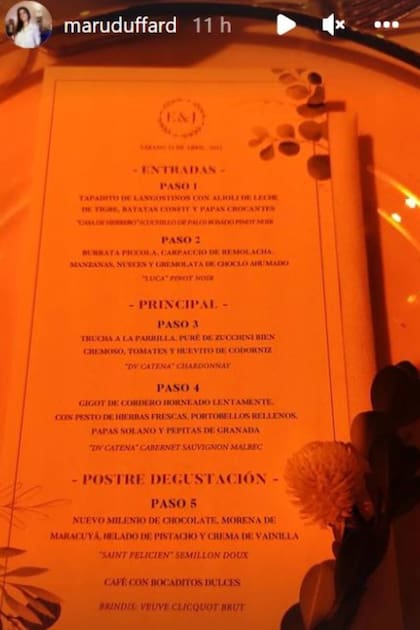 El menú de cinco pasos del casamiento de Jorge Lanata y Elba Marcovecchio fue subido a las redes por la periodista (e invitada a la fiesta) Maru Duffard