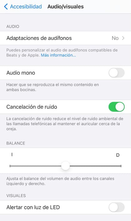 El menú de configuración de accesibilidad en algunos modelos de iPhone, donde aparece la opción "Cancelación de ruido"