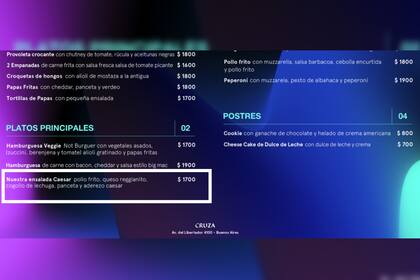 El menú de Cruza bar (Captura Web: estoescruza.com.ar)