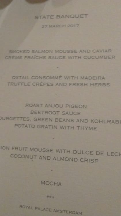 El menú de la cena de gala en el Palacio Real de Amsterdam