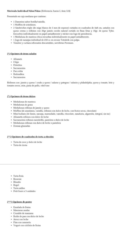 El menú infantil incluido en uno de los vuelos en los que viajó Cristina Kirchner, pensado para su nieta