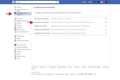 El menú Web de Facebook para descargar todos nuestro datos, incluyendo las fotos y videos
