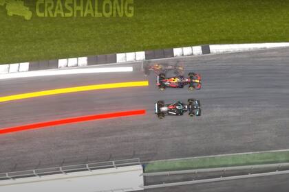 El Mercedes de Lewis Hamilton está casi a la par del Red Bull de Verstappen, que dobla en la curva 9 desde más adentro que en vueltas anteriores; puntero y escolta de la Fórmula 1 están por colisionar en el Gran Premio de Gran Bretaña.