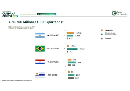 El Mercosur podría sumar US$20.700 millones en exportaciones de cereales, oleaginosas y carnes hacia 2035/36; la Argentina aportaría US$6532 millones de ese incremento