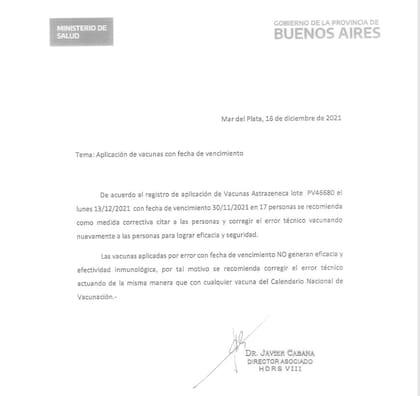 El ministerio de Salud bonaerense y la Región Sanitaria VIII publicaron un comunicado donde explican el problema de la aplicación de dosis vencidas