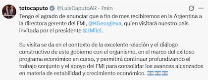 El ministro de Economía, Luis Caputo, anunció que la titular del FMI, Kristalina Georgieva, visitará la Argentina a fin de mes