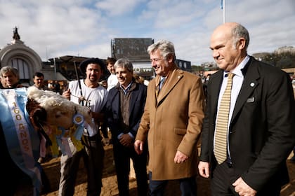 El ministro de Economía, Luis Caputo, junto al presidente de la SRA, Nicolás Pino y el secretario de Agricultura, Sergio Iraeta fueron los encargados de entregar la cucarda al ejemplar