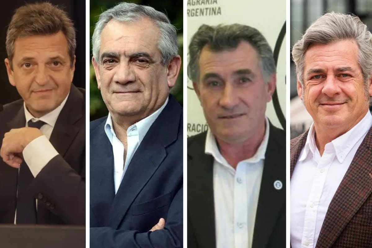 El ministro de Economía, Sergio Massa; el presidente de Coninagro, Carlos Iannizzotto; el presidente de Federación Agraria Argentina (FAA), Carlos Achetoni, y el presidente de la Sociedad Rural Argentina (SRA) Nicolás Pino