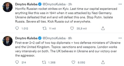 El ministro de Exteriores de Ucrania, Dimitro Kuleba, lamentó los ataques a Kiev y destacó la colaboración que está recibiendo Ucrania de parte del Reino Unido