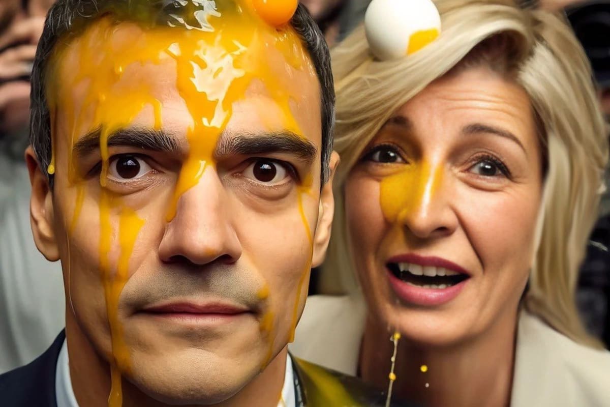 El ministro de Exteriores israelí, Israel Katz, cargó contra el presidente del gobierno español en una imagen generada por inteligencia artificial como si les hubiesen tirado huevos a la cabeza. (Foto: X).