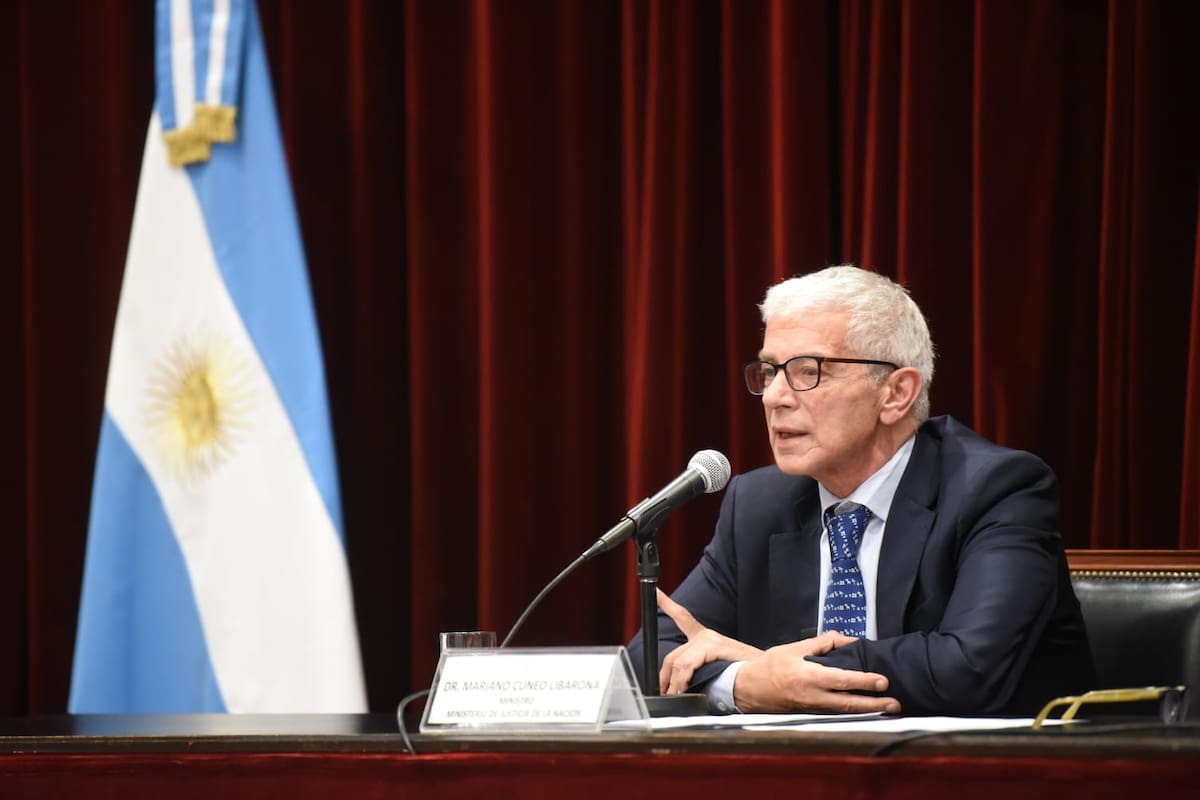 El ministro de Justicia, Mariano Cúneo Libarona, durante la presentación del proyecto que busca acelerar los procesos judiciales