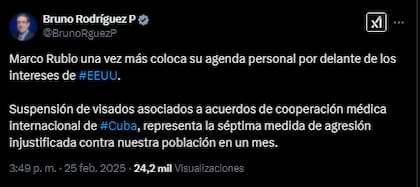 El ministro de Relaciones Exteriores de Cuba, Bruno Rodríguez, criticó las restricciones