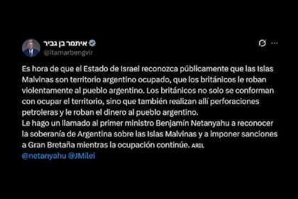 El ministro de Seguridad Nacional de Israel, Itamar Ben Gvir, instó al primer ministro Benjamin Netanyahu a reconocer la soberanía argentina sobre las islas Malvinas