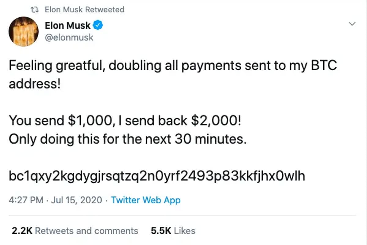 El mismo mensaje fue utilizado tanto en la cuenta de Elon Musk como en el perfil de Twitter de Bill Gates