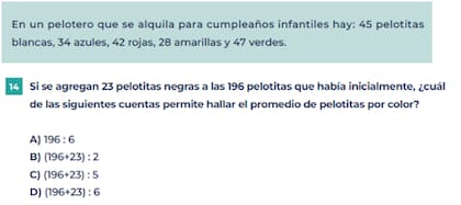 El modelo de prueba incluyó un ejercicio sobre cálculo de promedios a partir de pelotitas de distintos colores