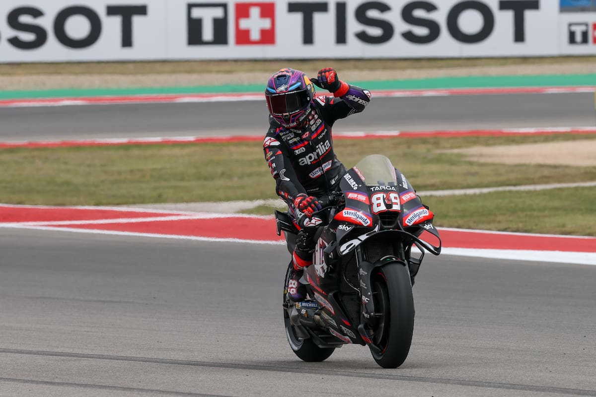 El momento de la celebración de Jorge Martín (89) tras ganar la Sprint en Austin, previo a caerse de la moto