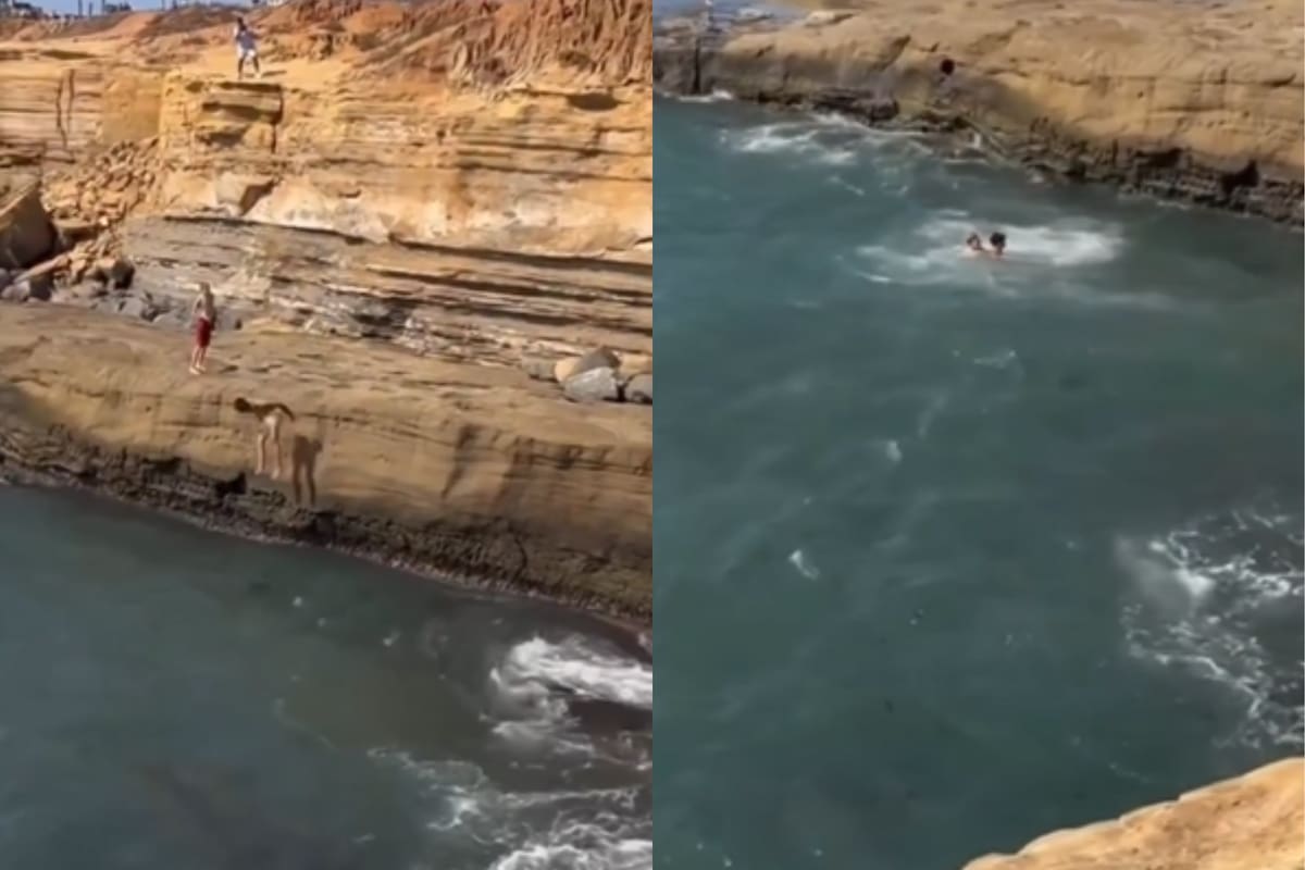 El momento en que el joven se golpea contra las rocas