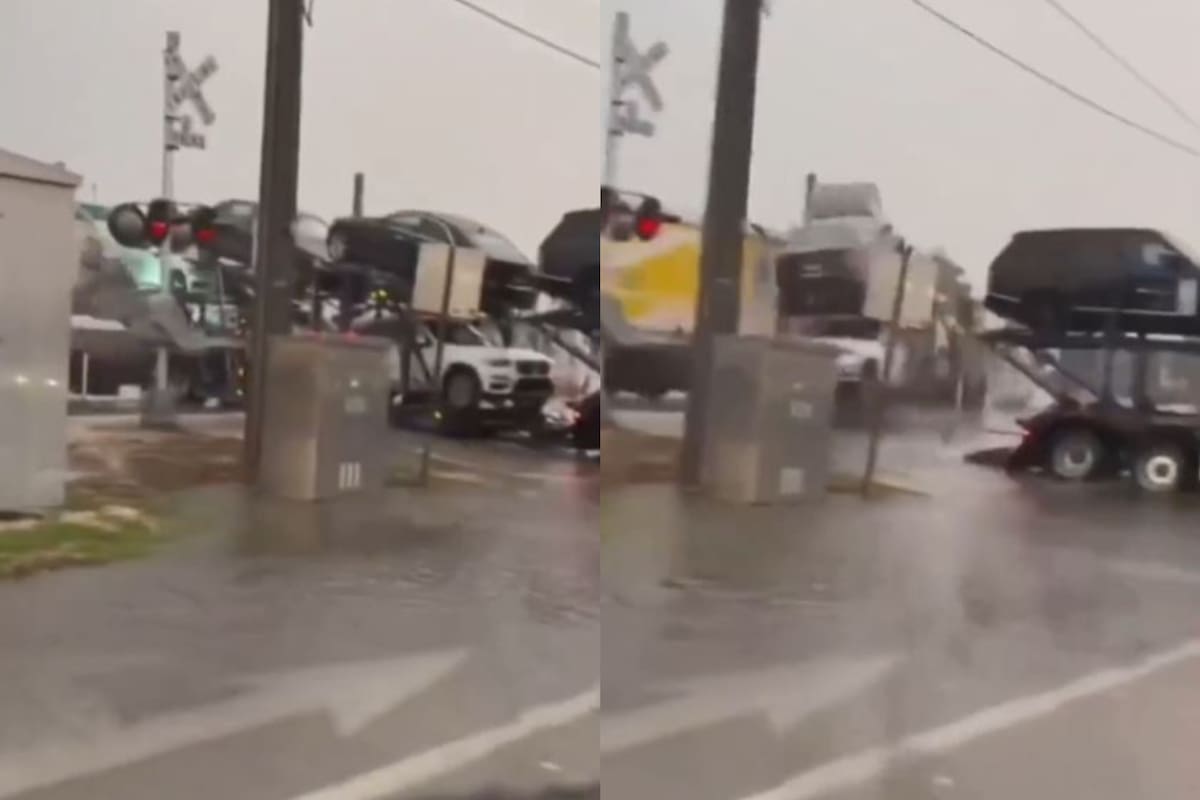 El momento en que el tren colisiona contra el vehículo de carga; ocurrió en Hollywood, Florida
