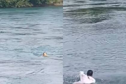 El momento en que una mujer fue rescatada del Río Limay.