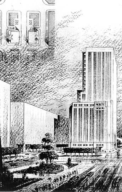 El MOP y su edificio gemelo, jamás construido, fueron ideados para darle un marco a la avenida parque 9 de julio, que en ese entonces llegaba hasta la avenida Belgrano. Además, fue presentado como una puerta de acceso a la ciudad desde el sur, por sus pormotores