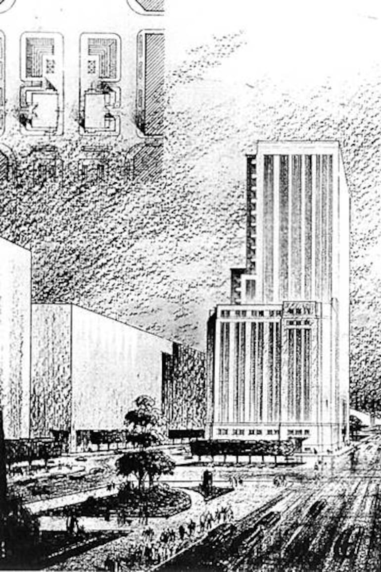El MOP y su edificio gemelo, jamás construido, fueron ideados para darle un marco a la avenida parque 9 de julio, que en ese entonces llegaba hasta la avenida Belgrano. Además, fue presentado como una puerta de acceso a la ciudad desde el sur, por sus pormotores