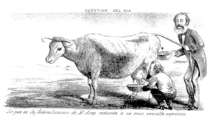 El Mosquito, publicación satírica de la época, resumía, con humor soez, la situación en una sola imagen. Buenos Aires es la vaca. La leche se la queda el Estado Nacional (representado por Avellaneda) y a la Provincia (representada por Tejedor) le quedan las heces.