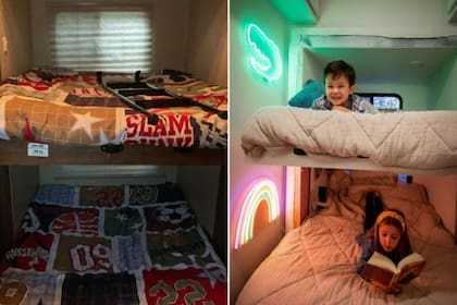 El motorhome cuenta con un baño que tiene una ducha grande, una habitación con camas tipo cucheta para los niños y la habitación donde duerme el matrimonio