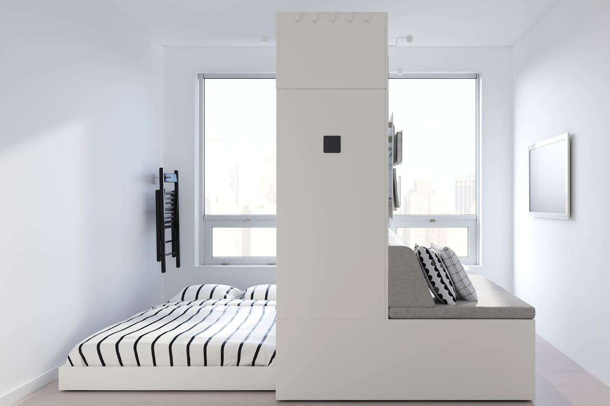 El mueble robot de Ikea funciona como un divisor de un ambiente, además de ofrecer diversas funciones como placar, cama y sofá