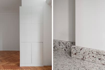 El mueble se abre del lado del living y brinda espacio para tener fuera de la vista enchufes, cables y el router. En el detalle se ven los cortes del zócalo de piedra envolviendo una columna general del edificio que pasa justo por la zona de la mesada.