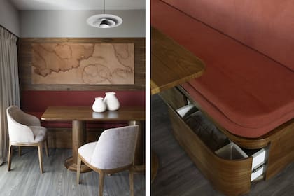 El mueble sumó una valiosa cuota de almacenamiento gracias a los cajones ocultos bajo el asiento. "Después de ir juntos a varios locales, elegimos estas sillas muy cómodas y mullidas en Indecasa".