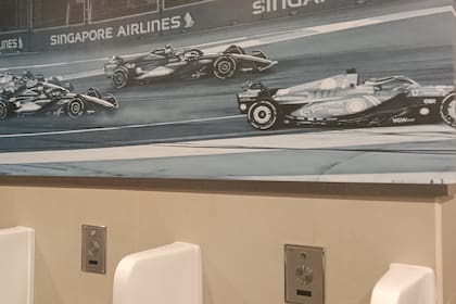 El mural de la largada del Gran Premio de Singapur de 2024, en el baño de la sala de prensa del circuito, rememora una acción temeraria e inolvidable de Franco Colapinto en su tercera carrera en Fórmula 1