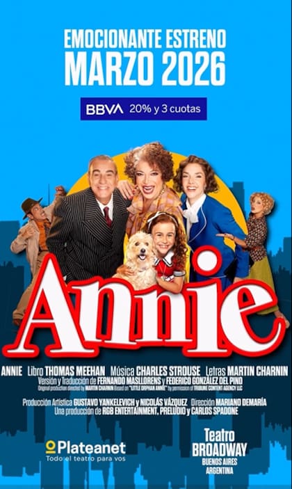 El musical Annie, con producción artística de Gustavo Yankelevich y Nicolás Vázquez, llega al Teatro Broadway el 19 de marzo de 2026 (Foto: Instagram @annieteatroarg)