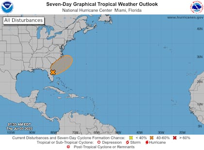 El NHC alerta sobre un sistema con 60% de probabilidad de convertirse en ciclón tropical en 7 días: aunque solo tiene 20% de desarrollo en 48 horas, llevará lluvias intensas y tormentas eléctricas prolongadas a Florida durante el 4 de julio