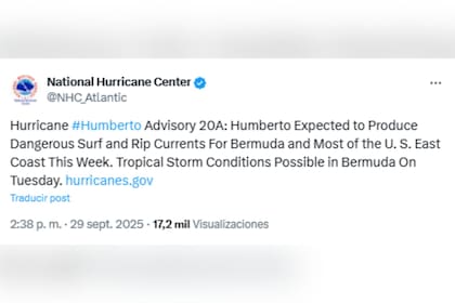 El NHC informó sobre el impacto del huracán Humberto en las Bermudas
