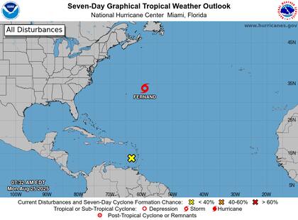 El NHC prevé que Fernand se transforme en ciclón postropical el miércoles cerca de 43°N y 49°W y se disipe el jueves