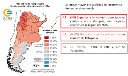 El norte argentino tiene las mayores chance de temperaturas por encima de la media. Foto: captura SMN