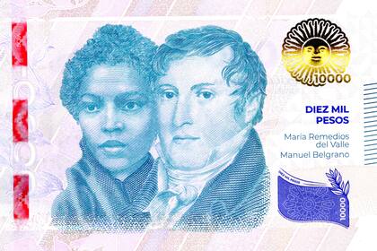El nuevo billete de $10.000, con los rostros de María Remedios del Valle y Manuel Belgrano.