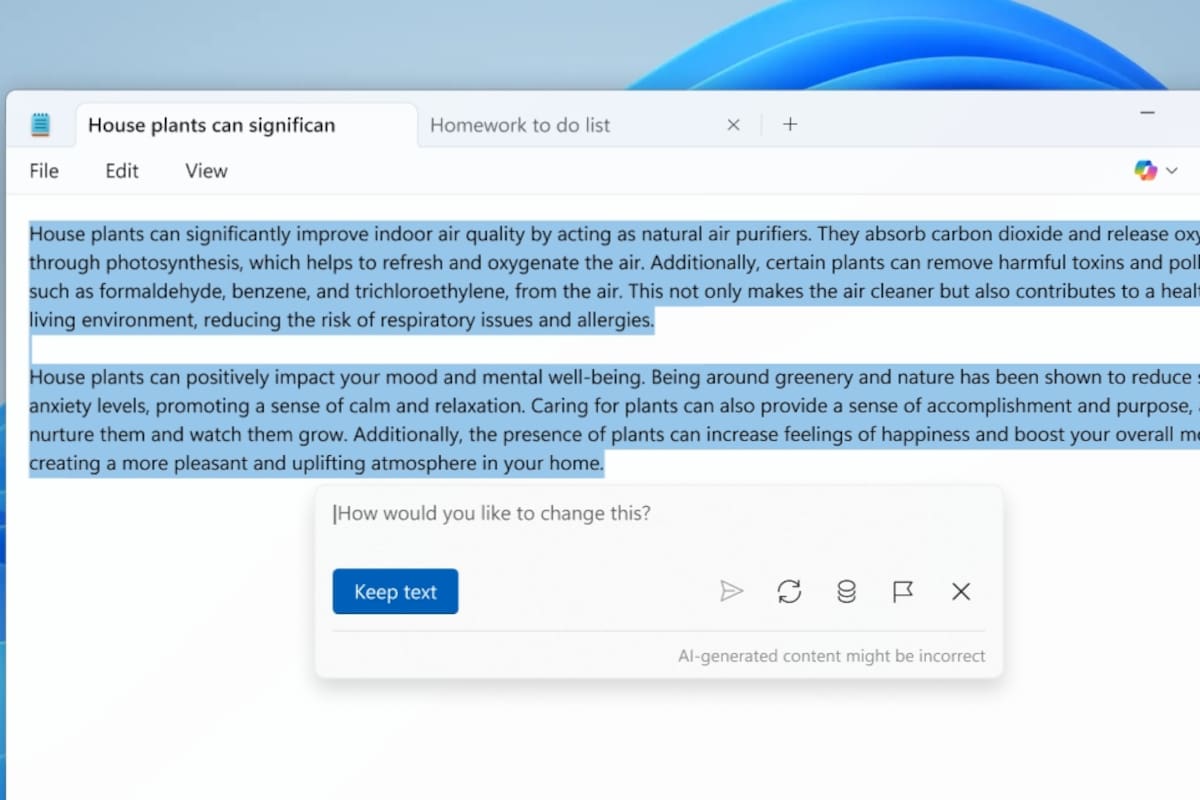 El nuevo Bloc de notas de Windows 11 integra una función para generar texto a partir de una descripción